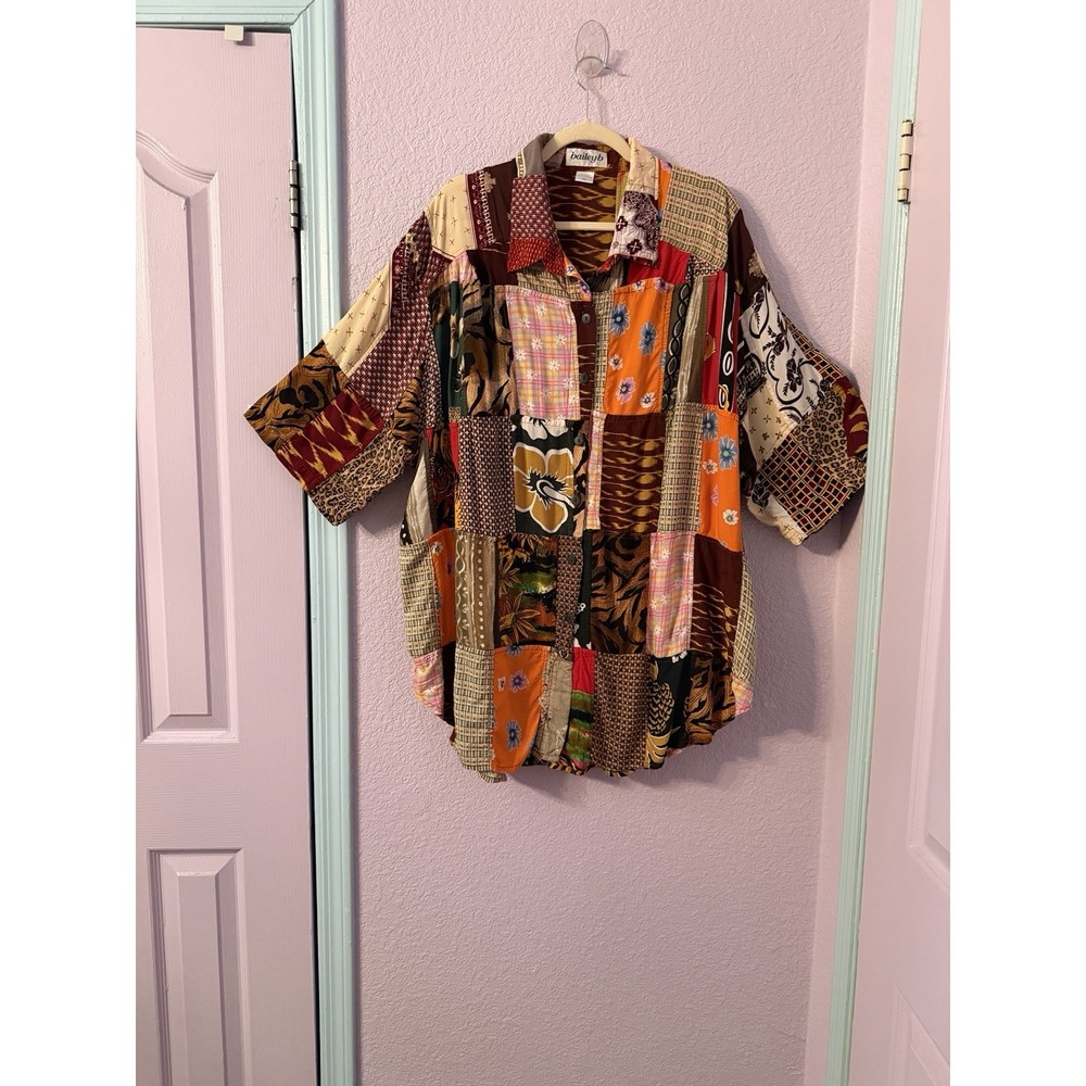 Vtg Patchwork Button Up Top 2X Oversized Tunic Floral Lagenlook Hippie Boho 80s